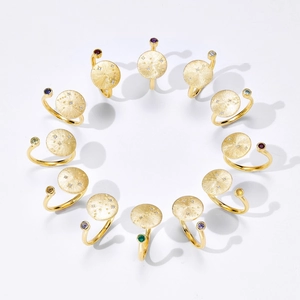 Set de 12 anillos del zodiaco en plata S925 cepillada oro con piedras natales