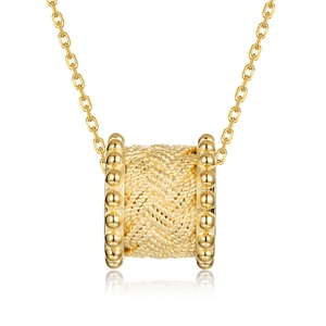 Golden cylinder necklace with woven texture and bead details on a dainty O-chain