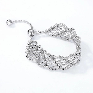 Elegant 925 silver mesh bead chain adjustable ring with feminine lace texture