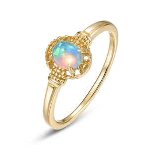 Vintage Ring aus S925 Silber vergoldet mit ovalem buntem Opal in Vier-Krallen-Fassung
