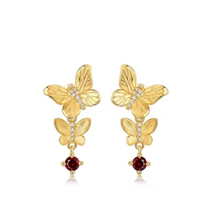 925 Sterling Silver Brushed Gold Butterfly Drop Earrings With Red Garnet Rhinestone Vintage Elegant Stud Earrings For Women