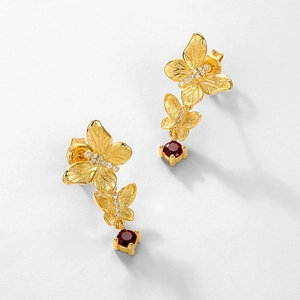 S925 sterling silver butterfly earrings with red gemstone and brushed gold finish