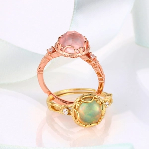 Vintage S925 silver rings with natural rose quartz and opal stones on silk ribbon