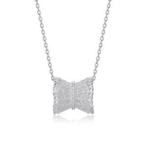 Collier Nœud Papillon en Argent Sterling 925 pour Femmes Pendentif Zirconia Évidé en Dentelle Vintage Bijoux Chaîne de Clavicule de Mode