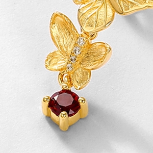 S925 silver gold butterfly stud earrings with brushed texture and ruby drop pendant