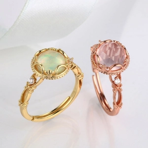 Elegant S925 sterling silver open rings with natural rose quartz and opal stones