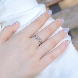 Lace mesh hollow 925 sterling silver chain ring with adjustable bead on finger