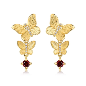 Vintage S925 silver gold butterfly earrings with red gemstone and brushed metal texture