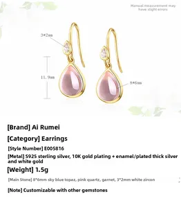 Vue détaillée des boucles d'oreilles goutte d'eau en argent S925 avec cristal rose doré 10K