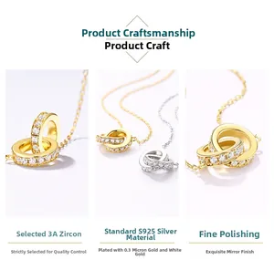 Detail of S925 sterling silver interlocking rings necklace with 3A cubic zirconia stones