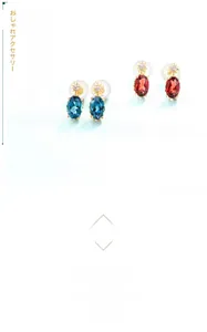 Detail of oval blue topaz and red garnet stud earrings with golden starburst accent