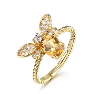 Anello Aperto Regolabile Originale in Argento Sterling 925 Con Citrino Naturale e Ape Per Donna Design di Nicchia Placcato Oro Gioielli Ape