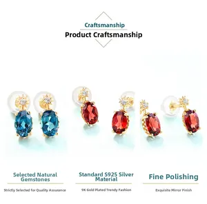 Detail of S925 silver 9K gold oval blue topaz and garnet stud earrings with starburst motif
