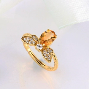 Anello regolabile in argento 925 a forma di ape con citrino giallo e piccoli zirconi
