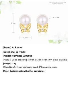 Detail view of bow earring with 4-5mm freshwater pearl and zircon in 925 silver