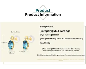 Macro shot of S925 sterling silver ear studs with London Blue Topaz and size specifications