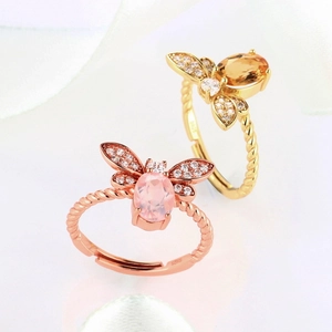Anelli ape in argento con citrino rosa e giallo ovale e ali scintillanti