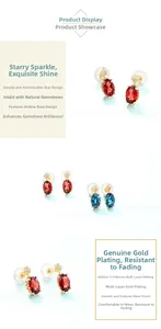 Detail of oval-cut gemstone stud earrings in S925 silver with gold plating and star motif