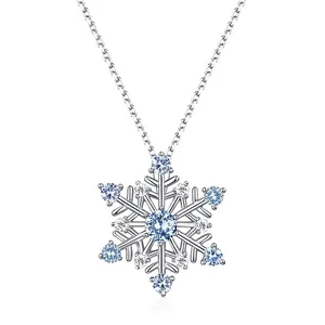 Snowflake 925 Sterling Silver Pendant Necklace For Women Blue Spinel Zirconia Inlaid Winter Style Jewelry Christmas Gift
