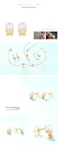 Detail of butterfly pearl jewelry set with micro-inlaid stones and golden metal finish