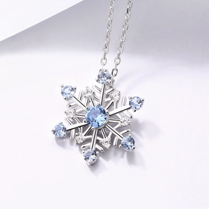 925 sterling silver snowflake pendant necklace with sky blue and clear zircon crystals