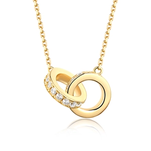 Minimalist double interlocking circle pendant necklace in gold with shimmering zircons