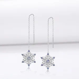 925 Sterling Silver Snowflake Ear Threads Long Dangle Earrings Blue Spinel Zirconia Inlaid Romantic Christmas Jewelry For Women