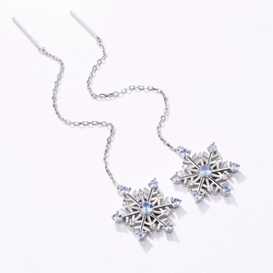 Elegant S925 sterling silver snowflake drop threader earrings with blue zircon stones