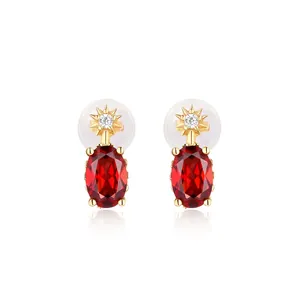 925 Sterling Silver Stud Earrings For Women Gold Plated Oval Natural London Blue Topaz Garnet Zirconia Starburst Jewelry