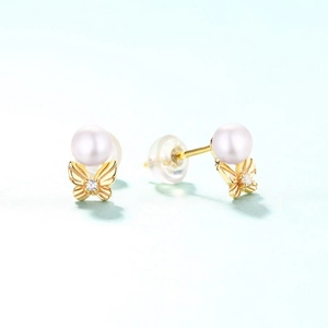 Elegant 925 silver golden butterfly earrings with freshwater pearls and zircon accents