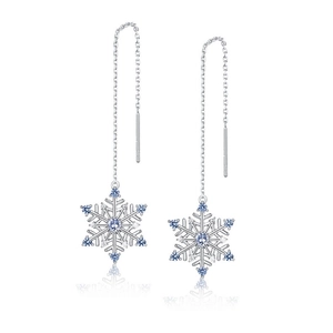 S925 sterling silver snowflake drop earrings with blue crystals on white background