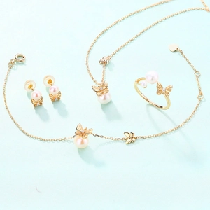 Elegant S925 silver pearl jewelry set with golden butterfly pendant necklace and earrings