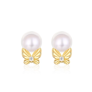 Elegant 925 silver bow stud earrings with freshwater pearls and gold butterfly accents