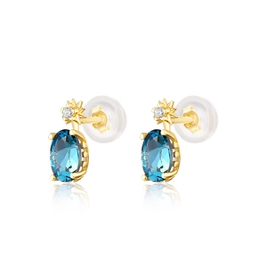 Elegant S925 silver sunburst earrings with oval blue topaz gemstones on white background