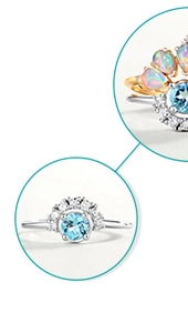 Detail showing S925 silver opal and blue zircon petal rings in gold and silver finish