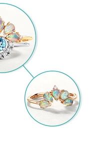Detailed macro view of pear-cut opal stones set in gold and silver ring bands