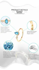 Detail view of pear-shaped blue topaz ring in 925 silver with adjustable open band