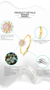 Detailed view of sunflower ring with opal center, 925 silver base, and adjustable band