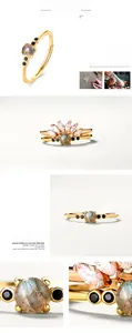 Detailed macro view showing the natural labradorite gemstone and black zircon on gold ring