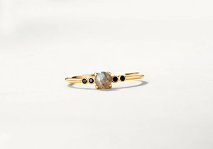 Detail view of the iridescent labradorite stone and black zircon on a gold-plated ring
