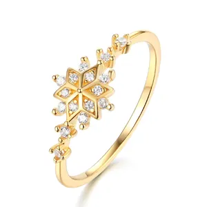 S925 Sterling Silver Snowflake Ring For Women Zirconia Inlaid Christmas Gift Winter Jewelry Silver Gold Plated Finger Ring