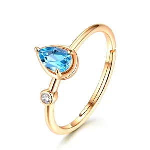 925 Sterling Silver Open Ring Natural Blue Topaz Water Drop Gemstone White Zirconia Gold Plated Elegant Women Jewelry