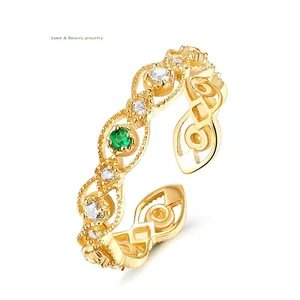 Vintage 925 Sterlingsilber Natürlicher Smaragd Zirkonia Offener Ring Spitze Hohl Verstellbar Vergoldet Schmuck Für Damen