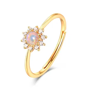 Fashion S925 Sterling Silver Adjustable Open Ring For Women Sunflower Design With Synthetic Opal And Zirconia Inlaid Trendy Jewelry Finger Ring
