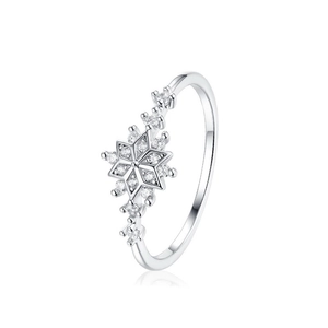S925 sterling silver snowflake ring with cubic zirconia stones on white background