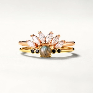 Stackable S925 silver 9K gold plated ring set with natural labradorite and black zircon