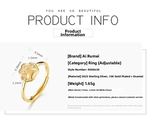 Detailed size chart of S925 sterling silver cat paw ring with white zircon stones