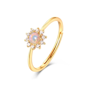 Fashionable S925 silver 9K gold flower ring with opal center and white zircon stones