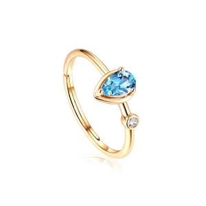 Pear-cut blue topaz open ring in 9K gold plated S925 silver with white zircon accents