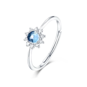 Adjustable S925 silver sun flower ring with blue gemstone and white zircon accents